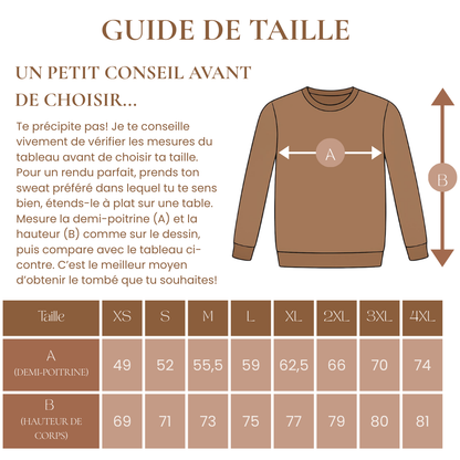 Te précipite pas! Je te conseille vivement de vérifier les mesures du tableau avant de choisir ta taille. 
Pour un rendu parfait, prends ton sweat préféré dans lequel tu te sens bien, étends-le à plat sur une table.
Mesure la demi-poitrine (A) et la hauteur (B) comme sur le dessin, puis compare avec le tableau ci-contre. C’est le meilleur moyen d’obtenir le tombé que tu souhaites!