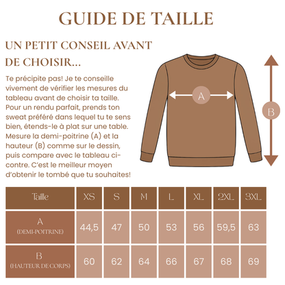 Te précipite pas! Je te conseille vivement de vérifier les mesures du tableau avant de choisir ta taille. 
Pour un rendu parfait, prends ton sweat préféré dans lequel tu te sens bien, étends-le à plat sur une table.
Mesure la demi-poitrine (A) et la hauteur (B) comme sur le dessin, puis compare avec le tableau ci-contre. C’est le meilleur moyen d’obtenir le tombé que tu souhaites!