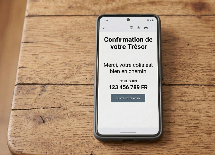 Une vue de dessus d'un smartphone de couleur grise posé sur une table en bois texturée. L'écran du téléphone est allumé et affiche un message en français : "Confirmation de votre Trésor". Juste en dessous, le texte dit : "Merci, votre colis est bien en chemin.". Plus bas, on peut lire "N° DE SUIVI" suivi du numéro fictif "123 456 789 FR" en gros caractères. Au bas de l'écran, il y a un bouton bleu avec le texte "Suivre votre envoi"