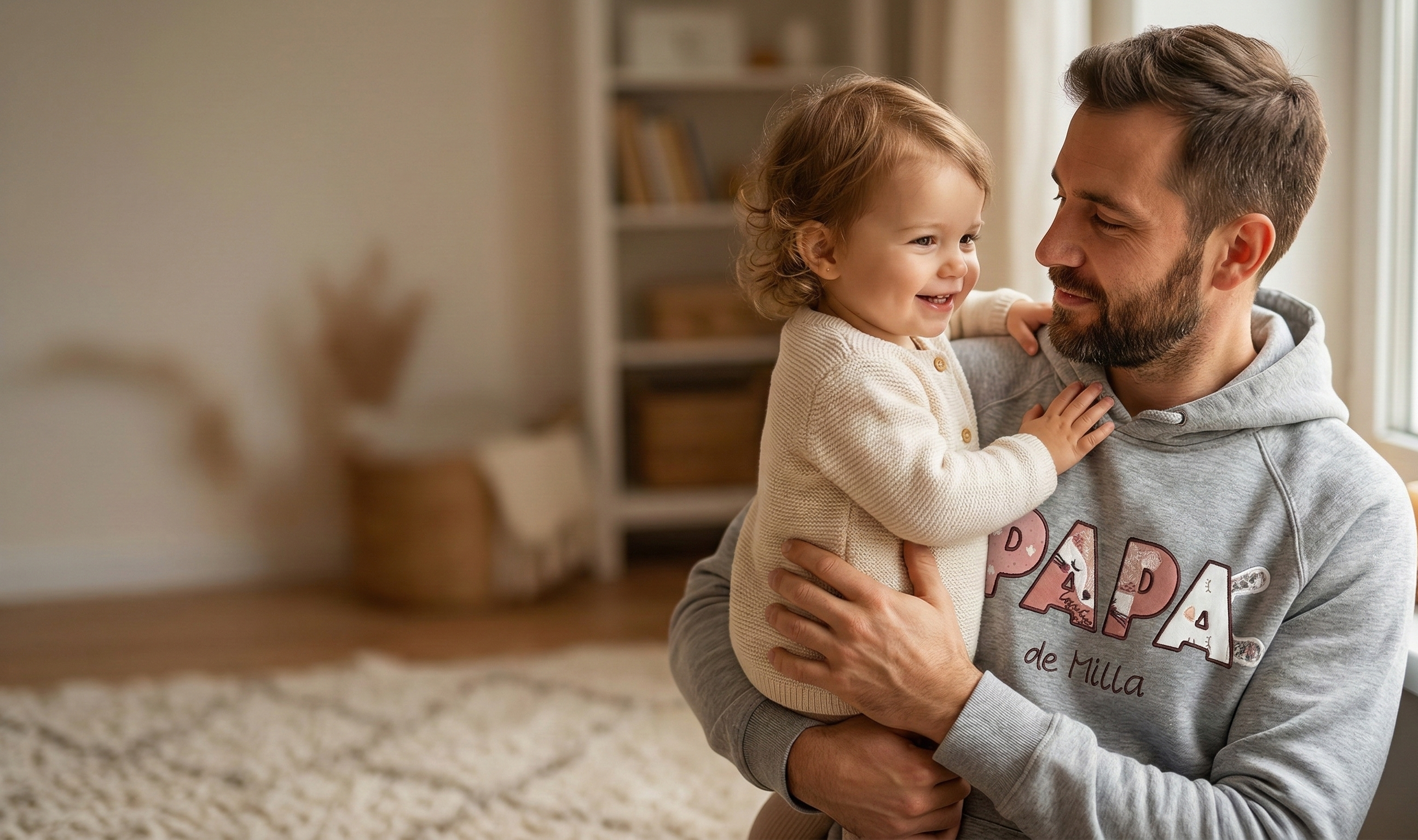 Père tenant son enfant dans ses bras, portant un sweat-shirt personnalisé Myloa, évoquant un moment de complicité familiale