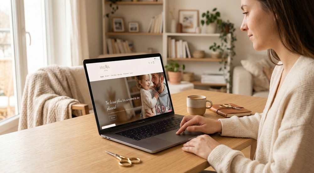 Photographie de la page d'accueil du site MYLOA par Audrey, présentant des créations uniques fabriquées à partir des premiers vêtements de bébé. La photo montre un père barbu et souriant portant sa jeune fille. Le texte en français indique : "Ne laisse plus tes souvenirs au placard" et "Je transforme les premiers vêtements de ton bébé en créations uniques à porter ou à câliner." Le menu supérieur comprend des liens vers Boutique, Carte cadeau, Qui suis-je, Professionnels et Contact.