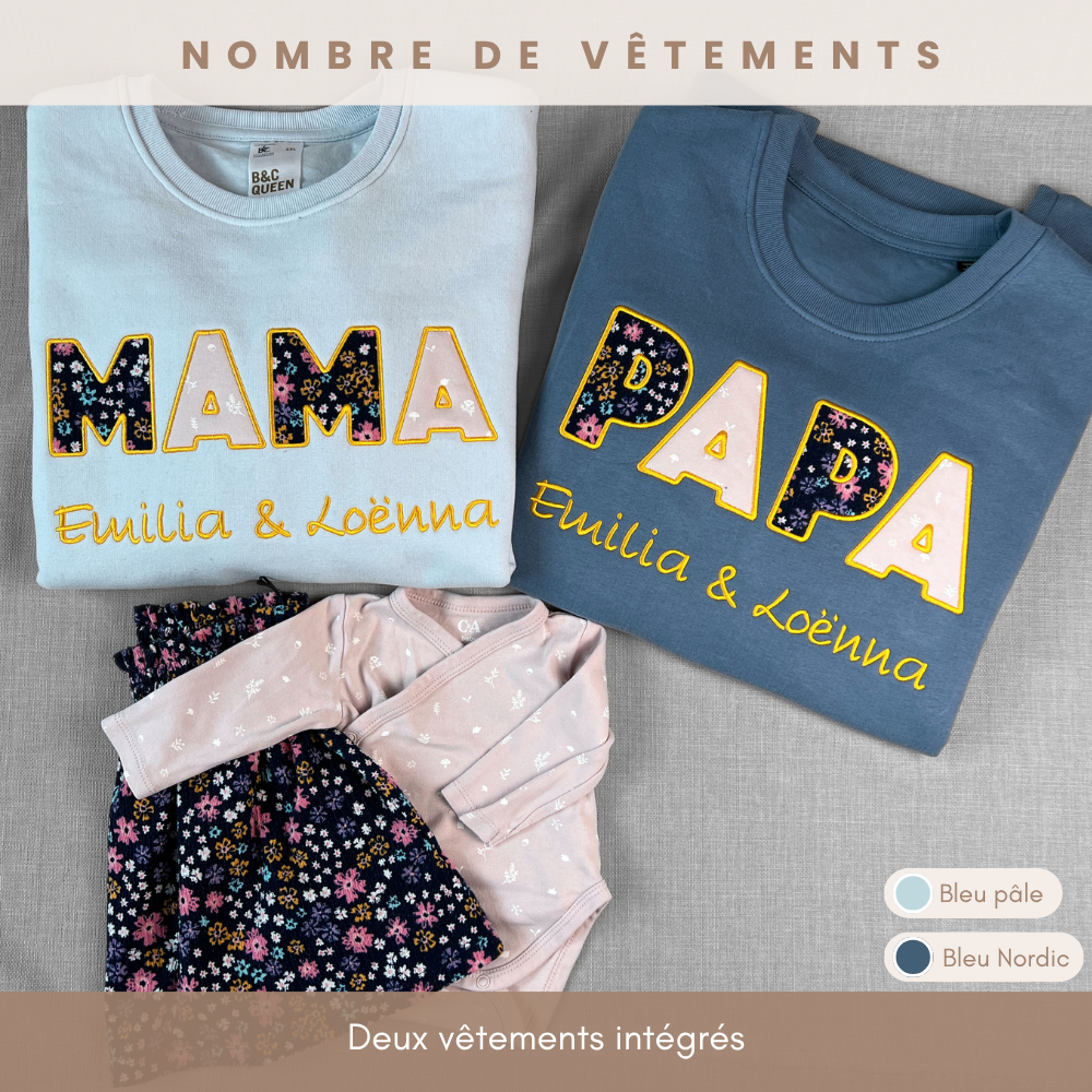 Ensemble duo brodé « MAMA » et « PAPA » bleu ciel et bleu nordic pour Emilia et Loënna, appliqués fleuris, deux vêtements de naissance intégrés
