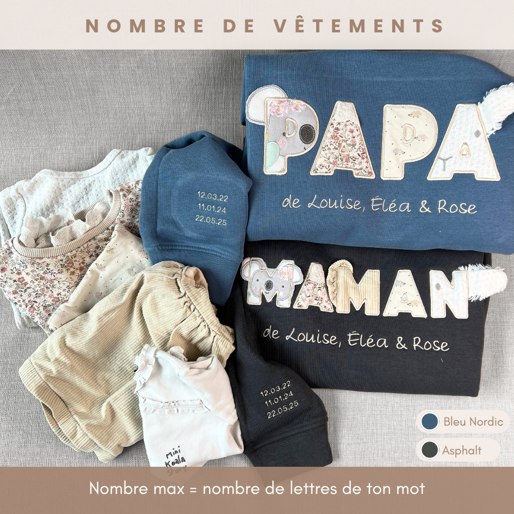 Ensemble duo bleu et noir brodé « PAPA » et « MAMAN » pour Louise, Éléa et Rose, appliqués koalas fleuris, cadeau naissance famille nombreuse