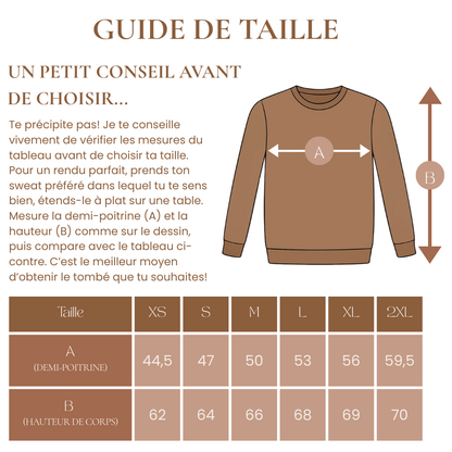 Te précipite pas! Je te conseille vivement de vérifier les mesures du tableau avant de choisir ta taille. 
Pour un rendu parfait, prends ton sweat préféré dans lequel tu te sens bien, étends-le à plat sur une table.
Mesure la demi-poitrine (A) et la hauteur (B) comme sur le dessin, puis compare avec le tableau ci-contre. C’est le meilleur moyen d’obtenir le tombé que tu souhaites!
