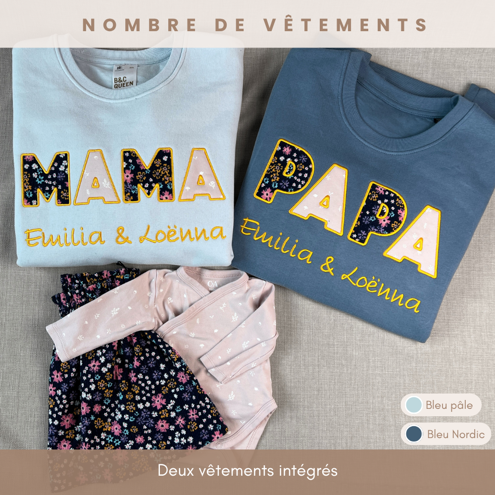 Duo sweat souvenir personnalisé homme et femme col rond bleu, brodé « MAMA » et « PAPA » avec prénoms des enfants, deux vêtements intégrés
