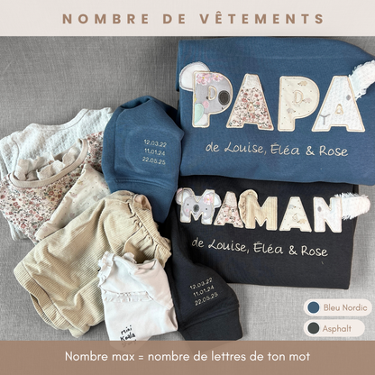 Duo sweat souvenir personnalisé homme et femme col rond, brodé « PAPA » et « MAMAN » avec prénoms de 3 enfants et dates sur les manches