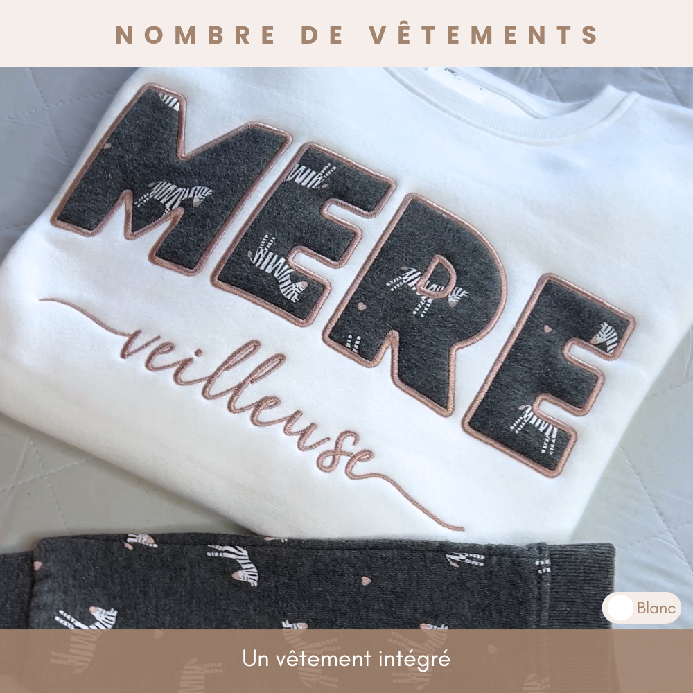 Sweat souvenir personnalisé femme col rond blanc brodé « MEREveilleuse », jeu de mots cadeau maman, appliqués zèbres, un vêtement intégré
