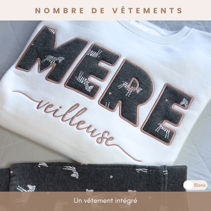 Sweat souvenir personnalisé femme col rond blanc brodé « MEREveilleuse », jeu de mots cadeau maman, appliqués zèbres, un vêtement intégré