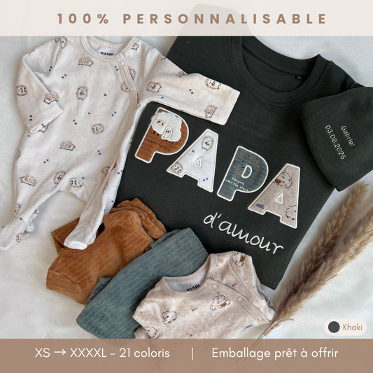 Sweat souvenir personnalisé homme col rond kaki brodé « PAPA d'amour », cadeau de naissance avec pyjama brodé prénom et date, 100% personnalisable