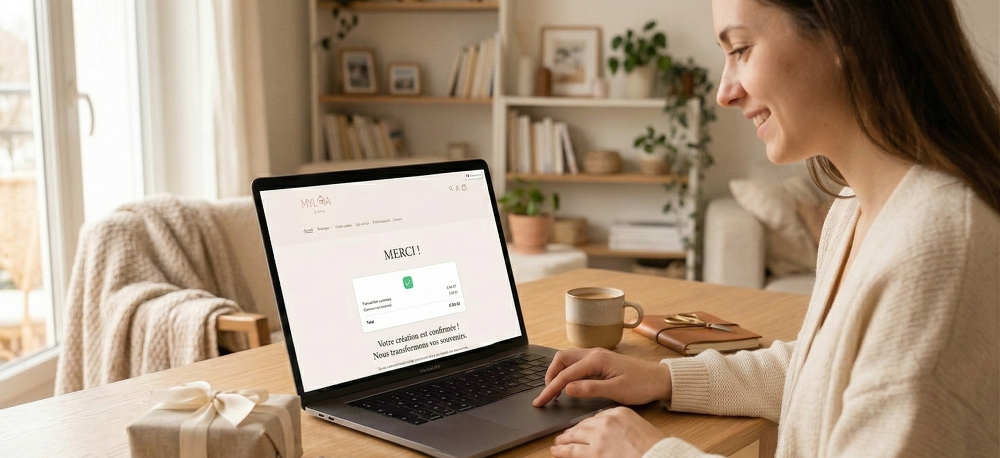 Une cliente souriante devant son ordinateur portable affichant la page de confirmation de commande Myloa, avec le message 'Merci, Votre création est confirmée'. 